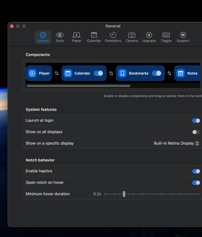 NotchNest settings panel with widget toggles